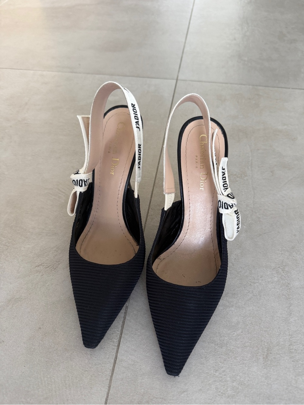 Dior Black Slingback Pumps with White J'Adior Ribbon